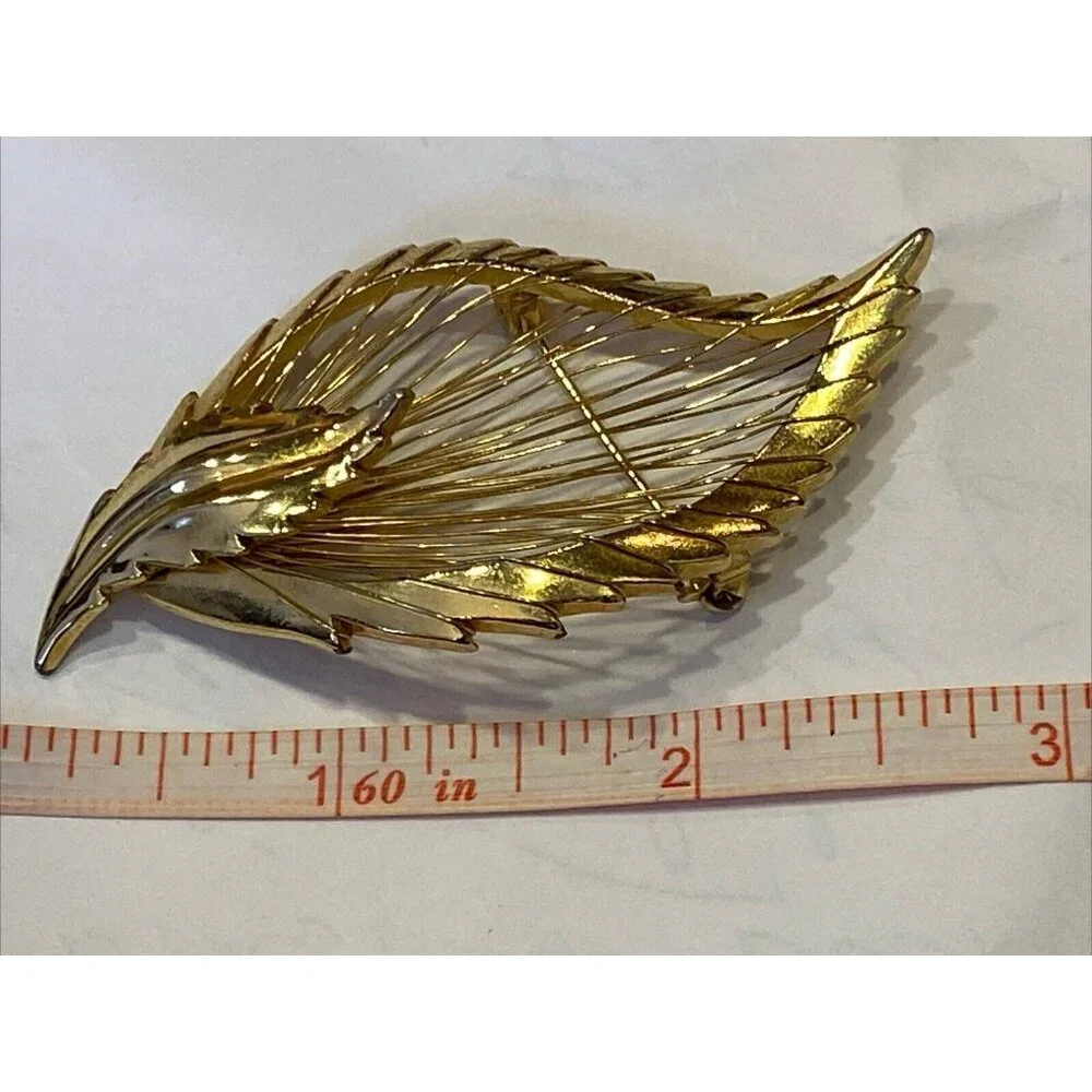 M. J. Ent. Filigree Feather Leaf Pin / Brooch Harp Gold Toned Signed